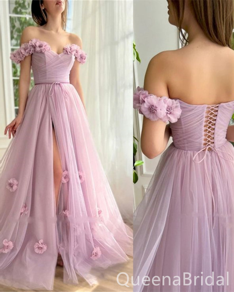 Stunning A-line Lace up Back 3D Flowers Off the Shoulder Party Dress Long Prom Dresses to Impress ,WGP1533