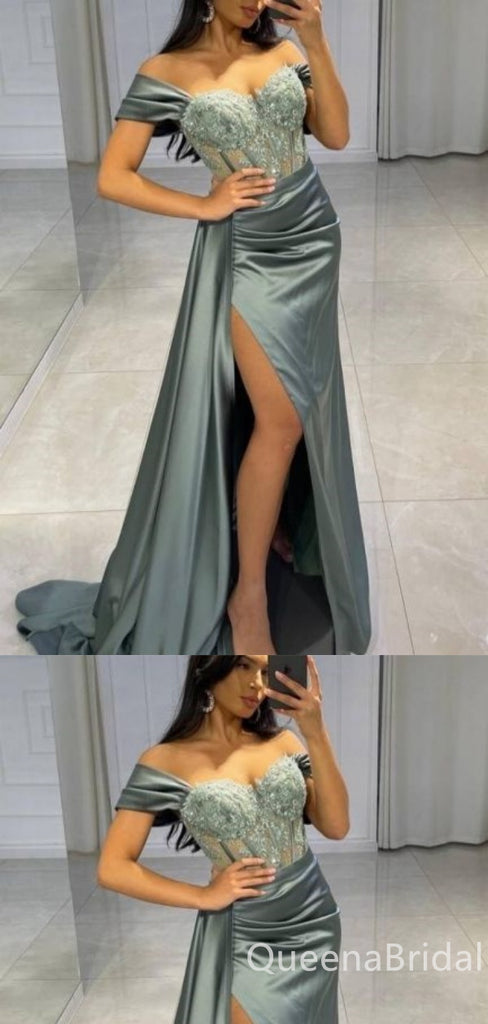 Charming Off-the-shoulder Green Sweetheart Mermaid Evening Gown Long Formal Dresses Prom Dresses with High Slit,WGP774