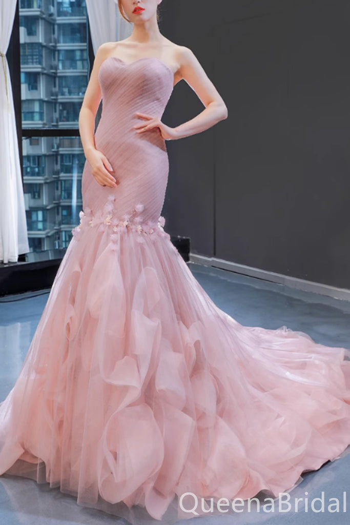 Elegant Pink Floral Strapless Sweetheart Mermaid Lace up Back Party Dress Long Prom Dresses to Impress ,WGP1698