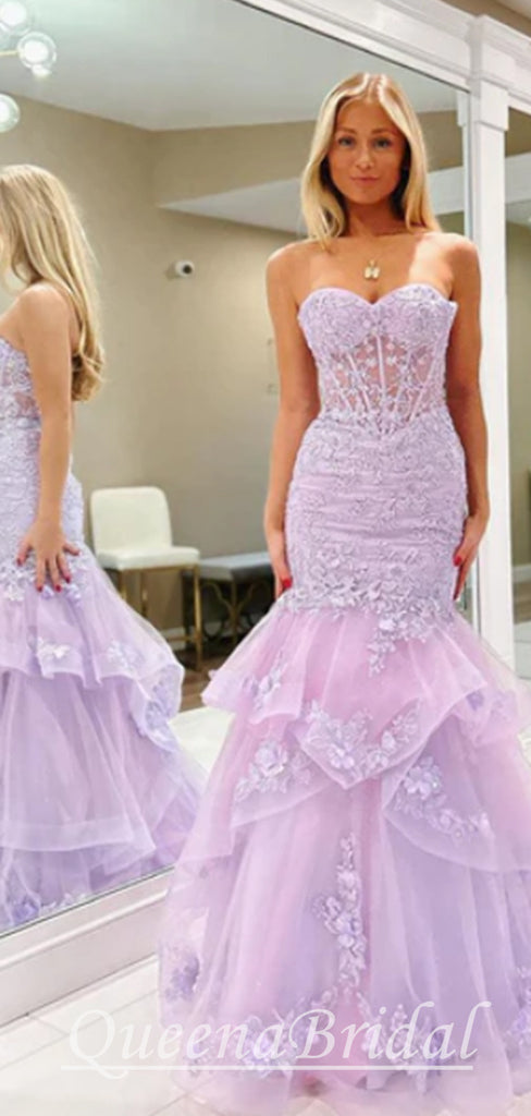 Sexy Strapless Tiered Tulle Lace Appliques Evening Gown Long Prom Dresses ,WGP606