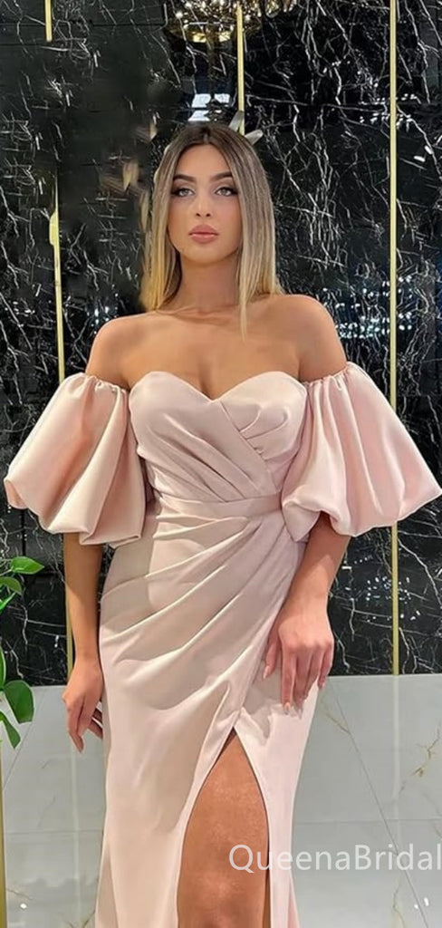 Sexy Off-the-shoulder Sweetheart High Slit Mermaid Pink Evening Gown Long Formal Dresses Prom Dresses with Bubble Sleeves , WGP753