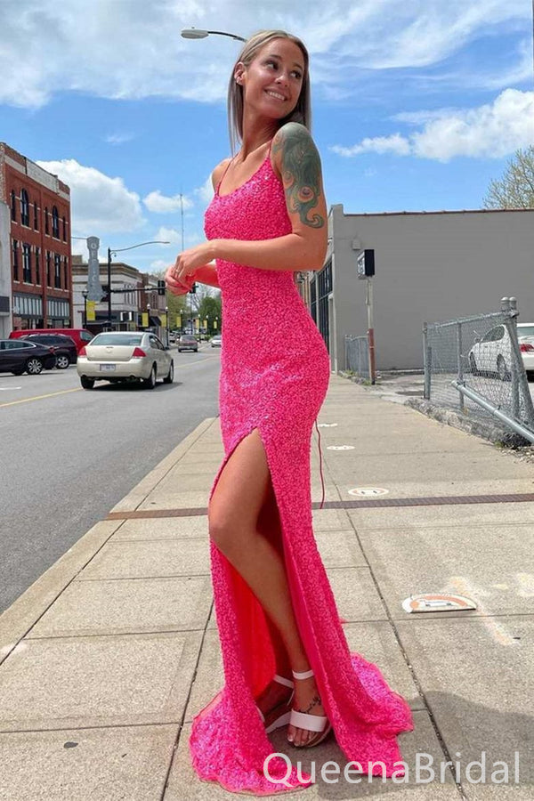 Sparkle Hot Pink Lace up Back Spaghetti Straps Mermaid Evening Gown Long Evening Party Prom Dresses with Slit ,WGP1293