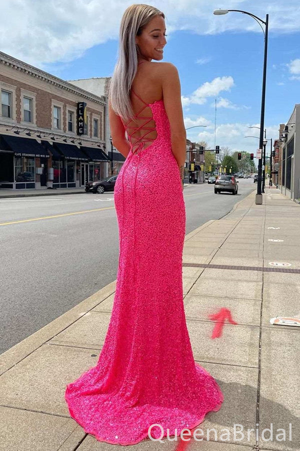 Sparkle Hot Pink Lace up Back Spaghetti Straps Mermaid Evening Gown Long Evening Party Prom Dresses with Slit ,WGP1293