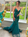 Sexy Green Spaghetti Straps V Neck Mermaid Long Party Dress Long Prom Dresses to Impress with Trailing,WGP1420