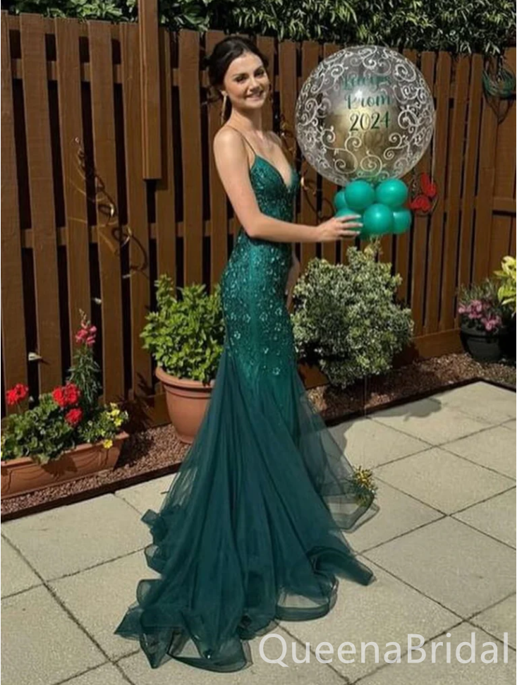 Sexy Green Spaghetti Straps V Neck Mermaid Long Party Dress Long Prom Dresses to Impress with Trailing,WGP1420