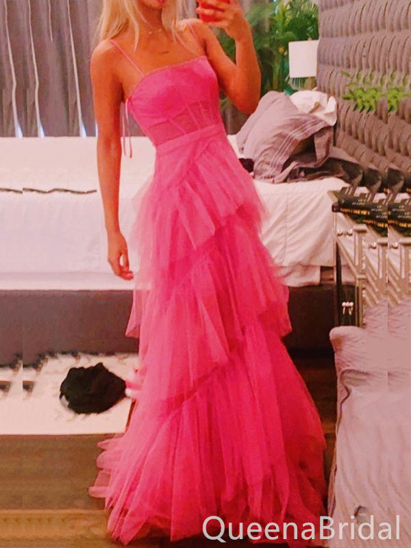 Hot Pink A-line Fluffy Evening Gown Long Evening Party Prom Dresses ,WGP1294