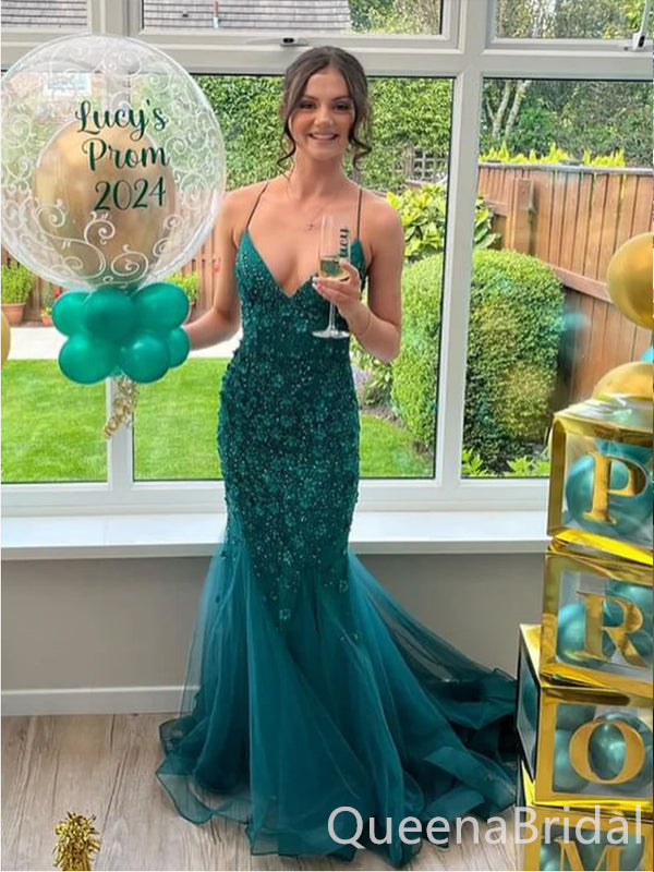 Sexy Green Spaghetti Straps V Neck Mermaid Long Party Dress Long Prom Dresses to Impress with Trailing,WGP1420