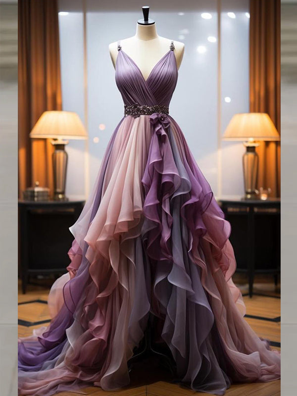 Elegant V Neck Ruffles Beaded A-line High Low Party Dress Long Prom Dresses to Impress ,WGP1586