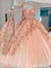 Pink Beaded Sweetheart Flower Ball Gown Evening Gown Long Evening Party Prom Dresses ,WGP1296