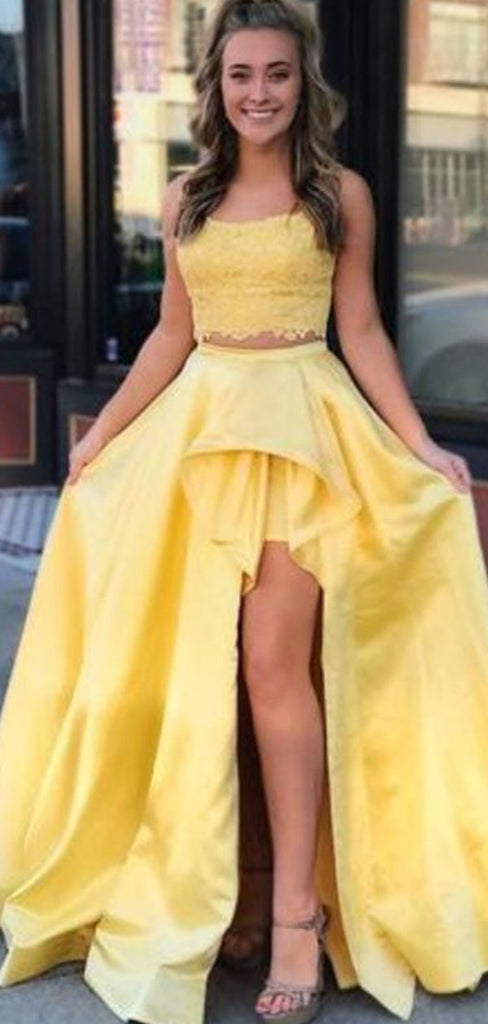 Unique Yellow A-Line Lace High Slit Two Pieces Long Evening Gown Prom Dresses,WGP563