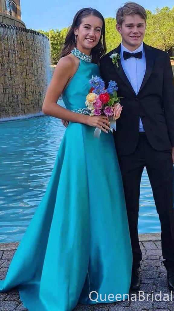 Elegant Blue Halter Beaded A-line Long Party Dress Prom Dresses ,WGP1769