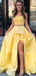 Unique Yellow A-Line Lace High Slit Two Pieces Long Evening Gown Prom Dresses,WGP563