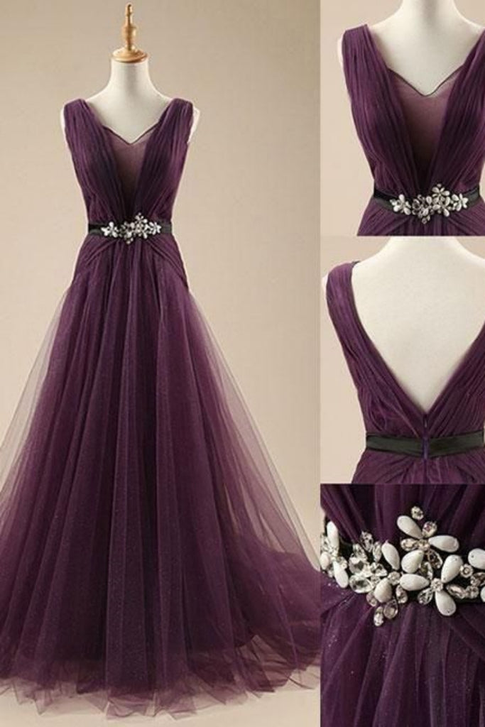 Grape V Neck Beaded A-line Party Dress Long Prom Dresses to Impress ,WGP1587