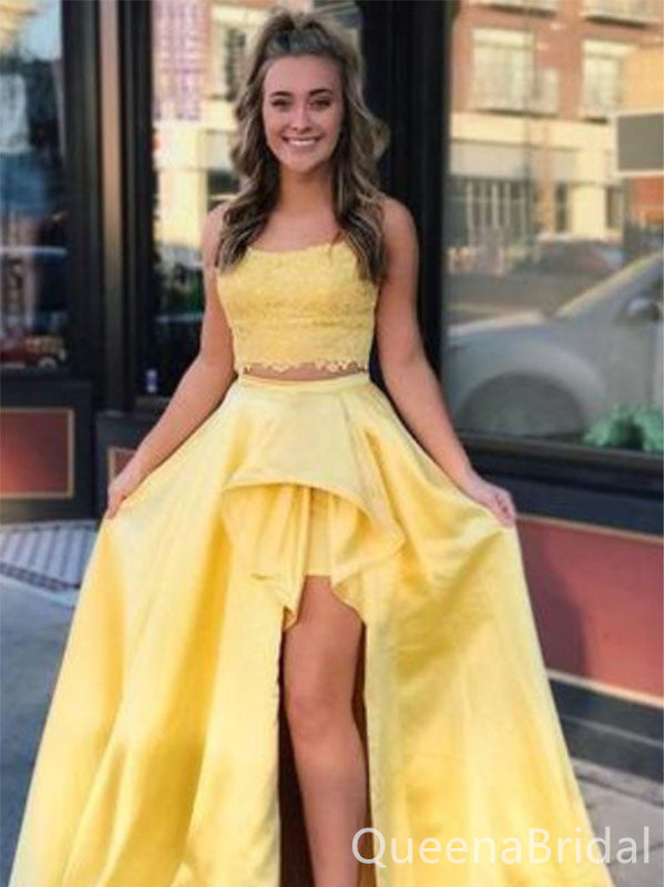 Unique Yellow A-Line Lace High Slit Two Pieces Long Evening Gown Prom Dresses,WGP563