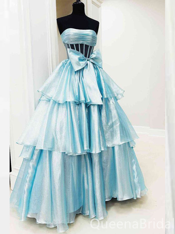 Elegant Strapless Bow Knot Tiered A-line Party Dress Long Prom Dresses to Impress ,WGP1689