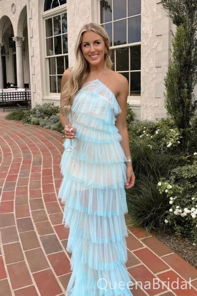 Light Blue Halter Open Back Sheath Tiered Evening Gown Long Evening Party Prom Dresses ,WGP1298