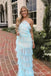 Light Blue Halter Open Back Sheath Tiered Evening Gown Long Evening Party Prom Dresses ,WGP1298