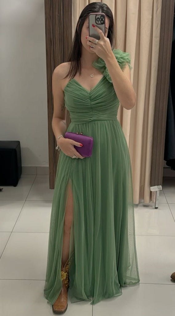 Green One Shoulder A-line Party Dress Long Prom Dresses to Impress ,WGP1589