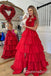 Sexy Halter Open Back Red Tiered V Neck A-line Long Party Dress Long Prom Dresses to Impress ,WGP1426