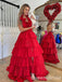 Sexy Halter Open Back Red Tiered V Neck A-line Long Party Dress Long Prom Dresses to Impress ,WGP1426