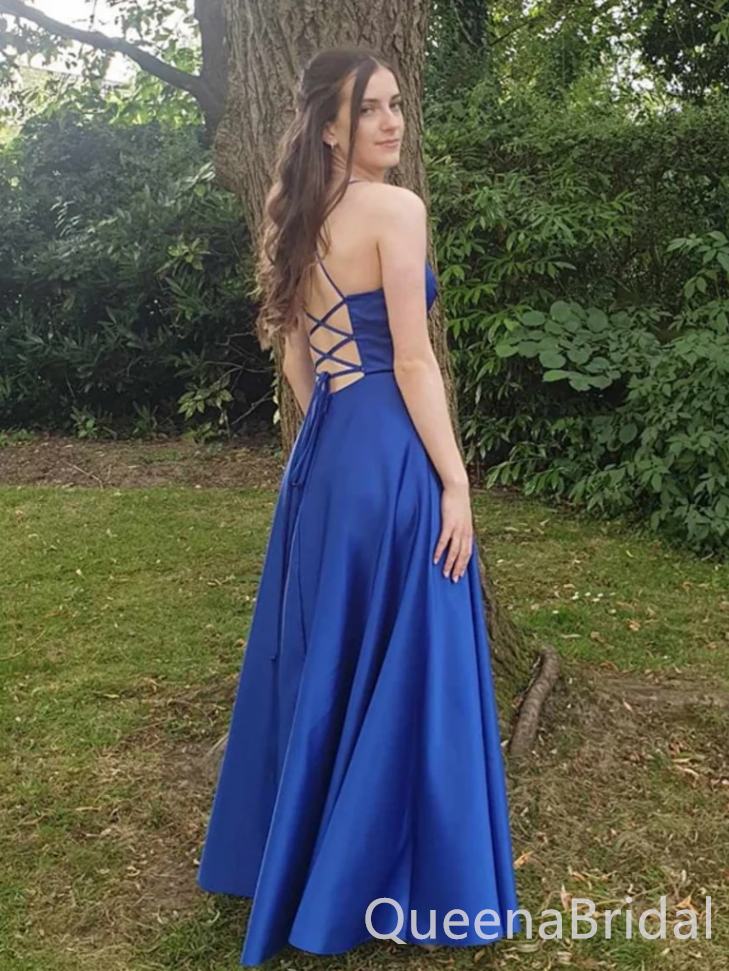 Sexy Blue Spaghetti Straps Lace up Back V Neck A-line Long Party Dress Long Prom Dresses to Impress ,WGP1427