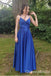 Sexy Blue Spaghetti Straps Lace up Back V Neck A-line Long Party Dress Long Prom Dresses to Impress ,WGP1427