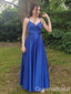 Sexy Blue Spaghetti Straps Lace up Back V Neck A-line Long Party Dress Long Prom Dresses to Impress ,WGP1427