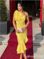 Elegant Yellow Sheath One Shoulder Long Evening Gown Prom Dresses With Ruffles,WGP564