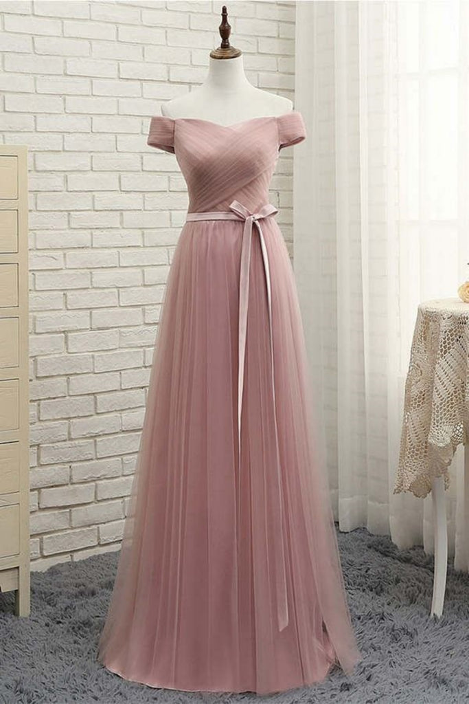 Elegant Blush Pink Off the Shoulder Lace up Back A-line Party Dress Long Prom Dresses to Impress ,WGP1592