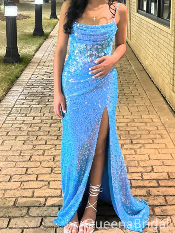 Sexy Bright Blue Mermaid Sequin Spaghetti Strap Side Slit Long Evening Prom Dresses,WGP422