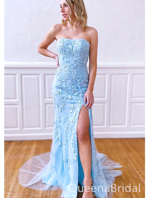 Elegant Blue Lace Appliques Tulle Strapless Mermaid Long Evening Prom Dresses,WGP494