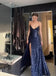 Sexy Halter V-neck Sheath Sequins Side Slit Lace Up Back Dark Blue Sheath Evening Prom Dresses ,WGP396