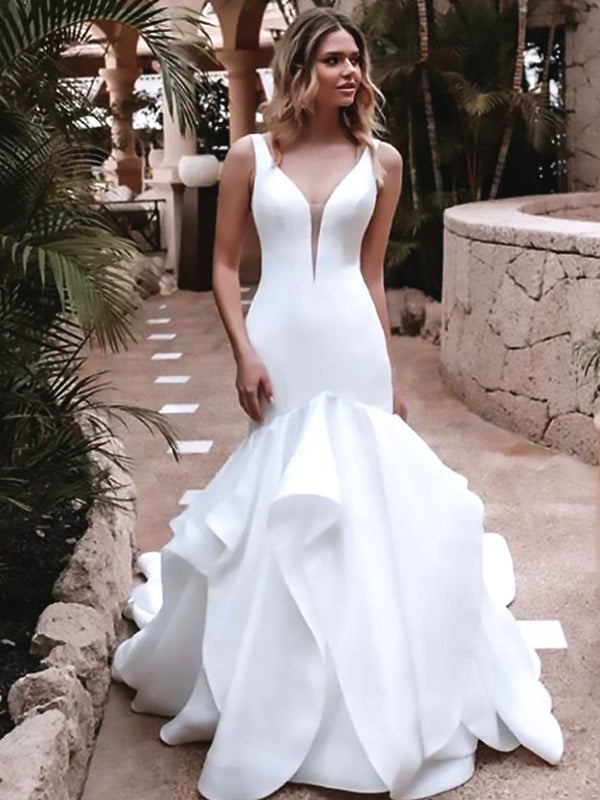 Elegant White V Neck Ruffle Spaghetti Straps Mermaid Long Wedding Dresses,WGP210