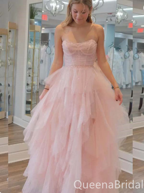 Elegant Cute Light Pink Strapless A-line Layer Tulle Fluffy Evening Gown Long Formal Dresses Prom Dresses,WGP815