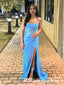 Sexy Bright Blue Mermaid Sequin Spaghetti Strap Side Slit Long Evening Prom Dresses,WGP422