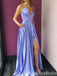 Sexy Plunging High Slit A-line Purple Spaghetti Straps Lace Up Back Evening Gown Long Prom Dresses with Pleats,WGP696