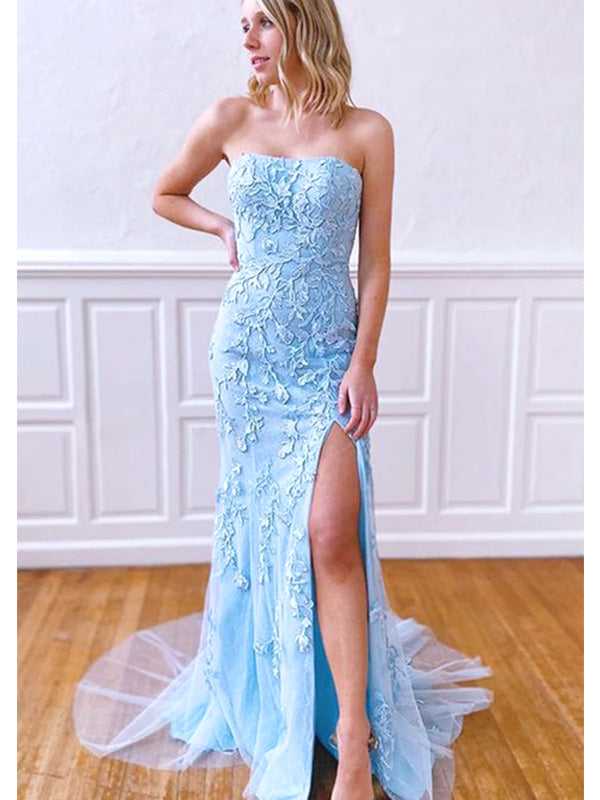 Elegant Blue Lace Appliques Tulle Strapless Mermaid Long Evening Prom Dresses,WGP494