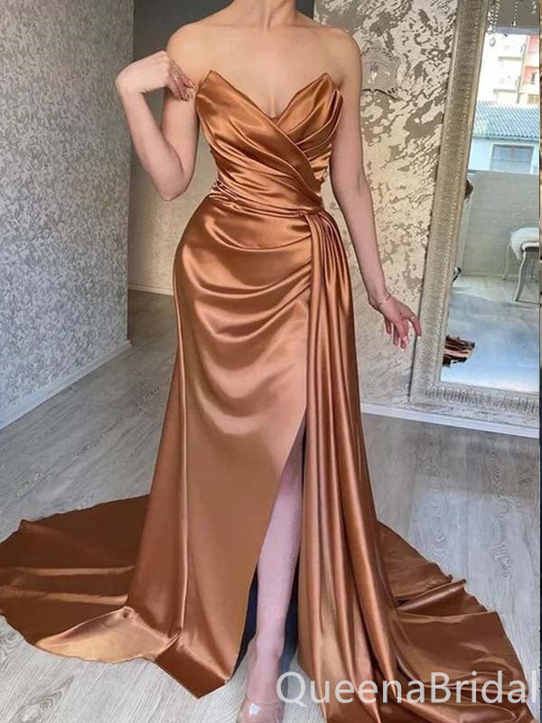 Sexy Plunging Strapless High Slit Sheath Evening Gown Long Prom Dresses with Pleats,WGP714