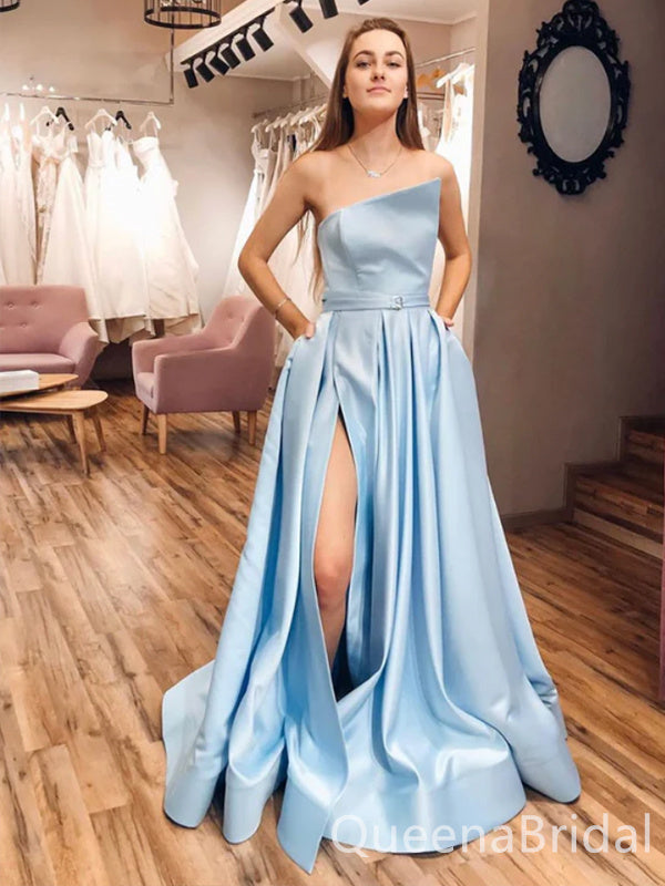 Sexy Elegant Blue Strapless High Slit A-line Evening Gown Long Prom Dresses,WGP736