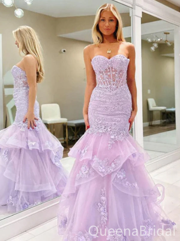 Sexy Strapless Tiered Tulle Lace Appliques Evening Gown Long Prom Dresses ,WGP606