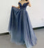 Elegant Dark Blue Off Shoulder A-line  With Lace Sequins Illusion Long Prom Dresses,WGP403