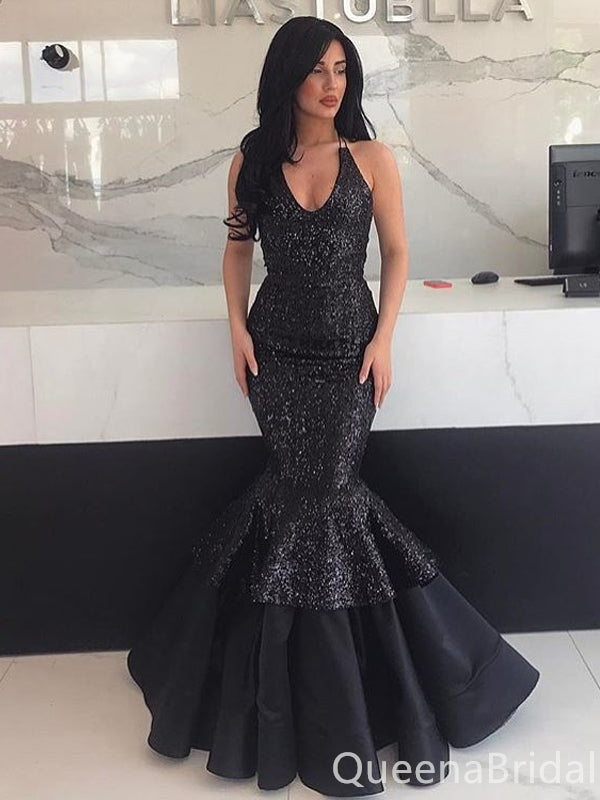 Sexy Black Sequin Mermaid Halter V-neck Maxi Long Party Prom Dresses,WGP330