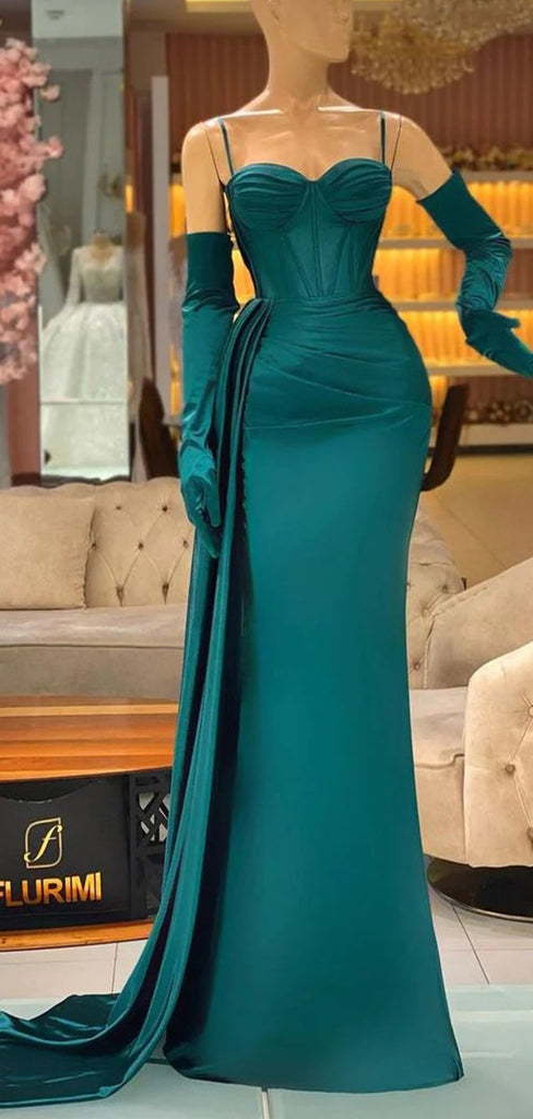 Elegant Green Spaghetti Straps Pleats Panel Train Long Mermaid  Evening Prom Dresses ,WGP402