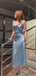 Sexy Spaghetti Straps  V-neck Sheath Backless Blue Sheath Evening Prom Dresses ,WGP395