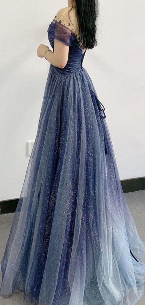 Elegant Dark Blue Off Shoulder A-line  With Lace Sequins Illusion Long Prom Dresses,WGP403