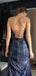 Sexy Halter V-neck Sheath Sequins Side Slit Lace Up Back Dark Blue Sheath Evening Prom Dresses ,WGP396