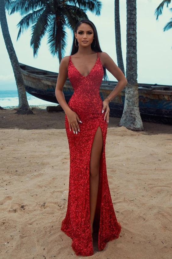 Sexy Red Mermaid Spaghetti Straps V-neck Maxi Long Party Prom Dresses, WGP305