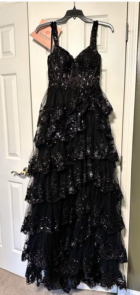 Elegant Black Spaghetti Strap A-line Sequins Ruffles Side Slit Long Prom Dresses,WGP413