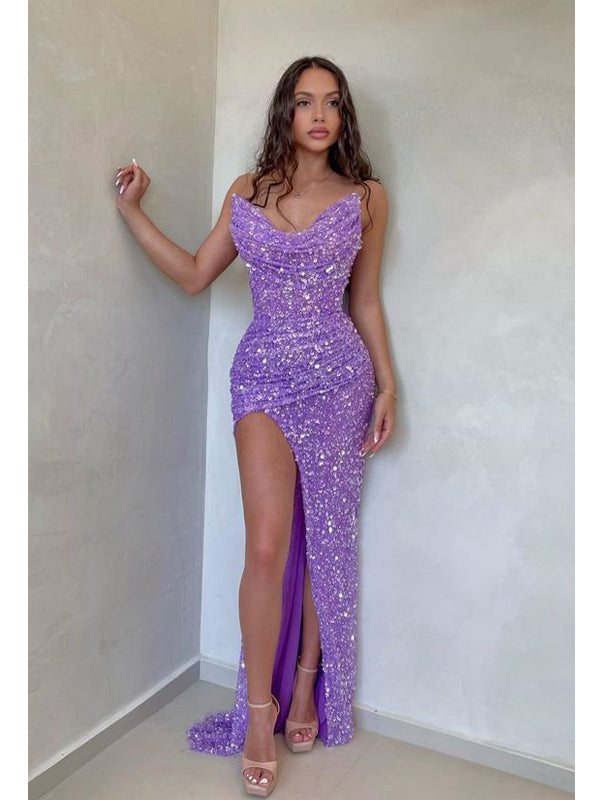 Sexy Lilac Mermaid Strapless Side Slit Maxi Long Party Prom Dresses Online,WGP319