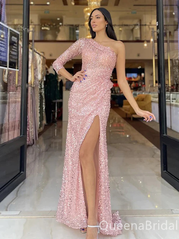 Pink Mermaid One Shoulder Side Slit Party Prom Dresses,Evening Dresses,WGP340